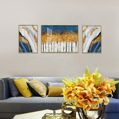 China Modern Crystal Porcelain Painting Villa Hotel Home Living Room Wall Decoration Abstract Triptych Gold Modern Luxury Wall Frame for sale