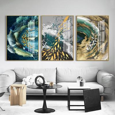 China Modern Abstract Aluminum Alloy Sight Feather Pictures Wall Art Acrylic Glass Acrylic Glass Green Blue Green Gold Crystal Painting for sale