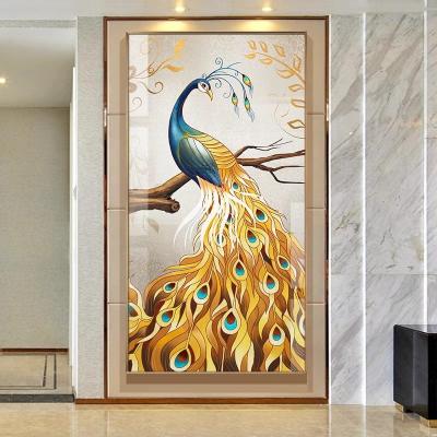 China Large Bird Crystal Glass Painting Modern Home Decoration Designs Gold Peacock Art for sale