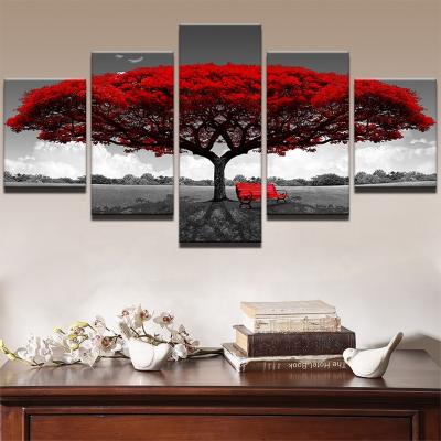 China Abstract 5 Panels Red Tree Picture Landscape Painting Prints On Canvas Stretched And Framed Ready To Hang for sale