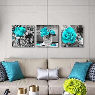 China Amazon Hot Sale Modern Watercolor Giclee Illustration With Black Border Painting Blue Rose Flower Wall Art Framed Canvas Prints for sale