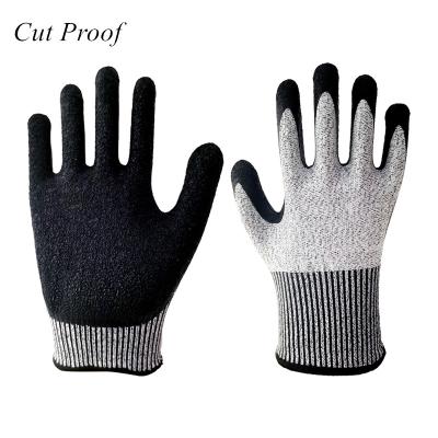 China Abrasion Resistant 13 Gauge Hppe Fiberglass Knitted Latex Coated Cut 5 Level Knife Cut Resistant EN388 Safety Hand Protection Work Glove for sale