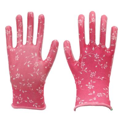 China Breathable Abrasion Resistance / Waterproof Wholesale Nitrile Coated Thorn Proof Hand Protective Pink Glove Garden Working Gloves Women Gardening Gloves for sale