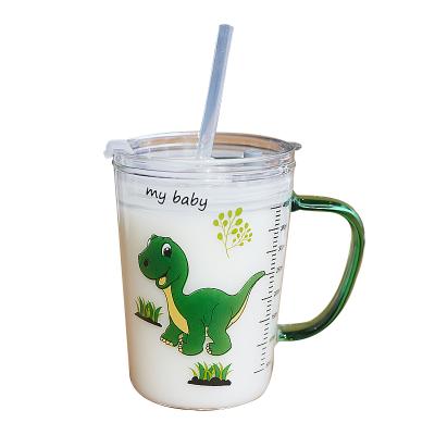 China Modern Minimalist Cute Viable Cartoon Design Measuring Milk Tea Juice Cup With Straw And Glass Lid for sale