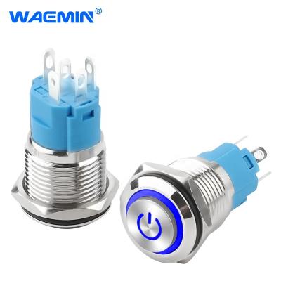 China OFF-ON 16MM High Key ON-OFF 3A 5 Ring Power Symbol LED Illuminated Stainless Steel Waterproof Push Button Switch for sale