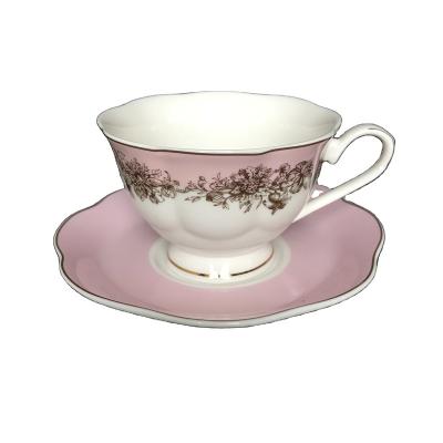 China New Sustainable Bone China 200ml Pink Tea Cups Set With Ceramic Handle Cup And Saucer For Gift for sale