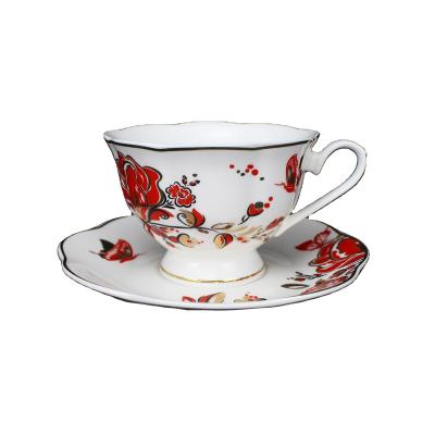 China Viable Porcelain Style Tea Sets Red Ceramic Classic Cup And Saucer for sale