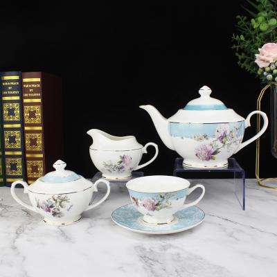 China Viable Royal Blue Fancy Floral Cup Decal New Color 15pcs Bone Tea Set Teapot for sale