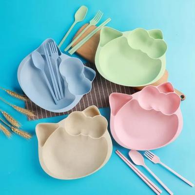 China Hot Selling Wheat Baby Feeding Products Straw Spoon Fork Chopsticks Baby Tableware Set Children Cartoon Multi Functional Dish for sale