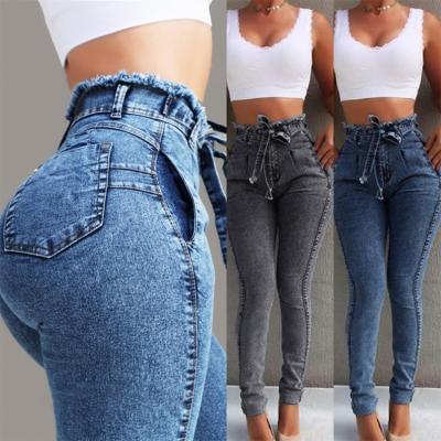 China Breathable Hot Selling Ins Styles Womens High Waist Lace Up Slim Skin Denim Pants Jeans for sale