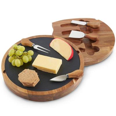 China Traditional Hot Selling Popular Charcuterie Board Set Round Slide Out Acacia Slate Wooden Cheese Serving Board for sale