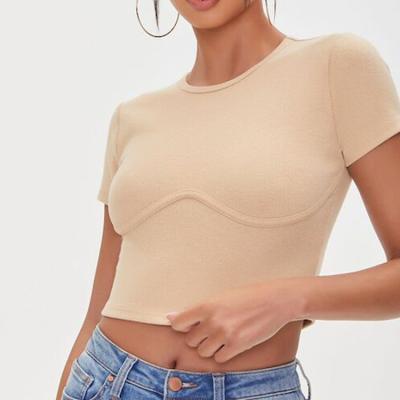 China Wholesale Breathable Slim Fit White Summer Sexy Top Women Stitch Cropped Rib Plain T-Shirt For Ladies for sale