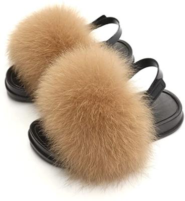 China Baby Kids Raccoon Fur Faux Fox Fur Slides Girls Light Weight Cheap Furry Sandals Slippers for sale