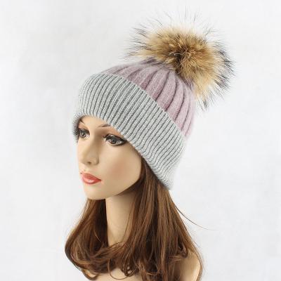 China breathable & Faux Fur Simple Waterproof Pom Pom Ski Knit Hat Women Winter Tie-Dye Fur Knitted Angora Beanie Cashmere Hats for sale