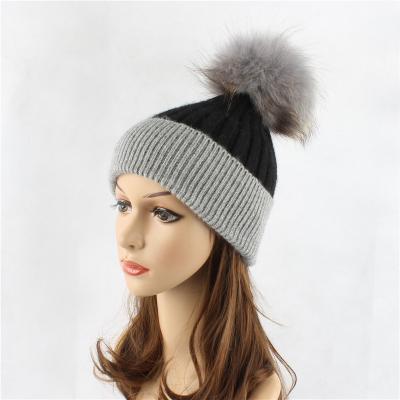 China breathable & Double color parent child rabbit fur hat raccoon fur pom pom hat waterproof soft angora winter beanie hat for sale