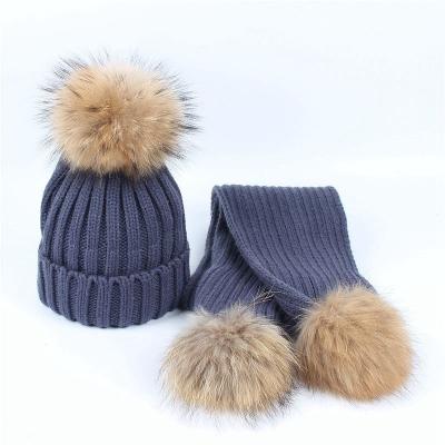 China Sale Fashion Winter Hats Long Warm Kids Beanie Hat Scarf Sets Women Detachable Raccoon Fur Pom Balls Faux Raccoon Fur Hats for sale