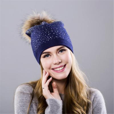 China breathable & High Quality Fashion Women's Winter Cashmere Beret Hats Real Raccoon Fur Ball Pompom Waterproof Beanies Hats for sale