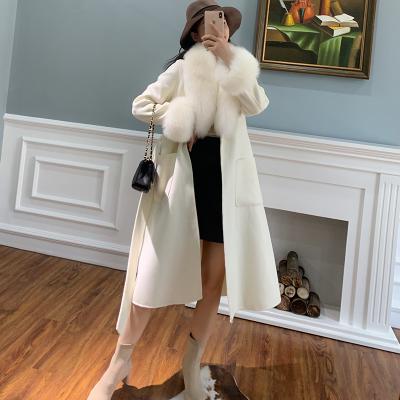 China Breathable Elegant Style Real Fox Fur Collar Cuffs Women's Winter Coats Long Double Face Wool Cashmere Coat for sale