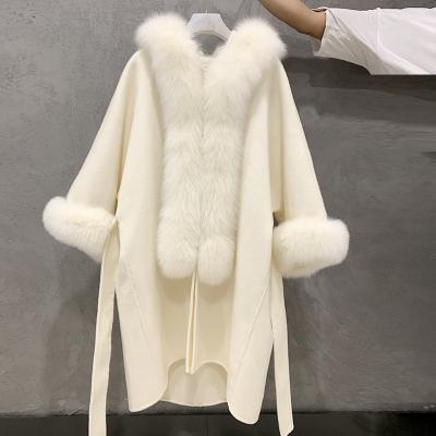 China Real Breathable Winter Fox Fur Collar Women Dress Women Coat Fluffy Fox Fur Trim Cashmere Wool Coat for sale