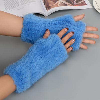 China Fashion Real Mink Fur Gloves Wholesale Women High Quality Women's Winter Mink Fur Mittens Tops Warm Half Finger Glove Striped Knitted Mittens for sale