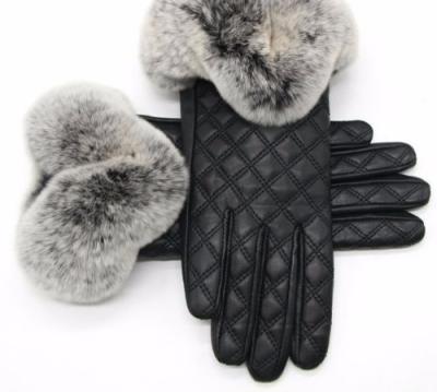 China Striped Women Fashion Rabbit Fur Cuff Breathable Manufacturers Supply Winter Leather Gloves Customized Fur To Cuff Fashion Leather Gloves for sale