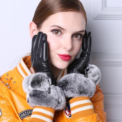 China Wholesale Touch Screen Striped Driving Heating Fur Fashion Rabbit Hair Rabbit Sheepskin Gloves Motorcycle Leather Glove for sale