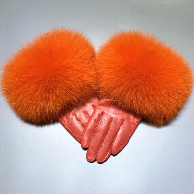 China Winter Striped Women Genuine Sheepskin Leather Gloves Fashion Design Fox Fur Windproof Genuine Outdoor Motor Gloves for sale