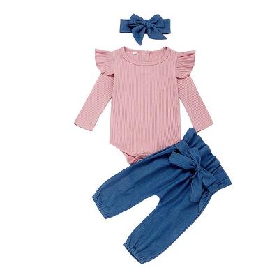 China Wholesale Baby Pink Long Sleeve Anti-wrinkle Girl Cotton Rompers Suits Newborn Baby Clothing Sets Pants Sets for sale