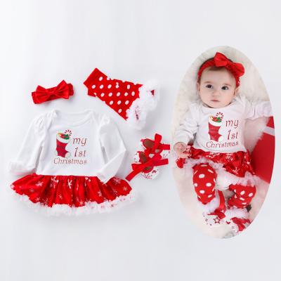 China High Quality Anti-Shrink Cartoon Girl Kid Girl Style Christmas Sleeve Costume Cotton Baby Dress 4 Pieces Socks Headband Shoes for sale