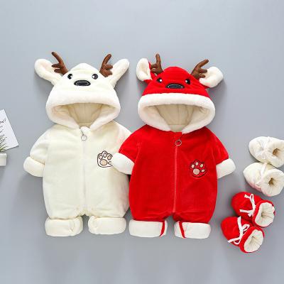 China Cute Baby Plus Velvet Christmas Deer Overalls Winter Warm Newborn Baby Clothes Go Out Rompers Gift Set for sale