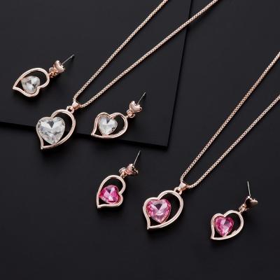 China Hotsale FASHIONABLE Rose Gold Women Necklace Earrings Set Jewelry Heart Shape Crystal Bridal Jewelry Set For Wedding Party for sale