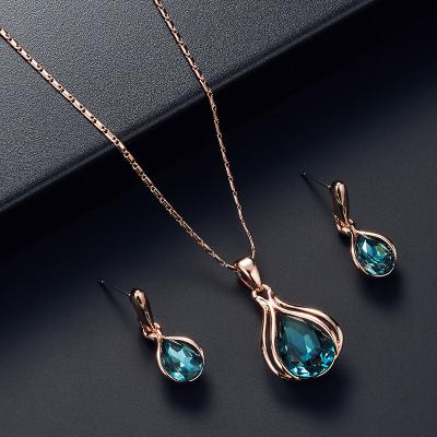 China FASHION Wedding Jewelry Engagement Shiny Diamond Bridal Jewelry Set Rose Sapphire Crystal Necklace Earrings Gold Plated Sets for sale