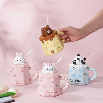 China Viable Ceramic Coffee Mug With Silicone Lid And Straw Cat Mug Cute Ceramic Coffee Cup With Lovely Kitty Ceramic Coffee Mug For Kids for sale