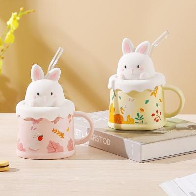 China Custom Made Mug Ceramic Viable Bunny Mug Good Ceramic Rabbit Logo Cute Cartoon Tea Coffee Mug Milk Mug With Silicone Lid for sale