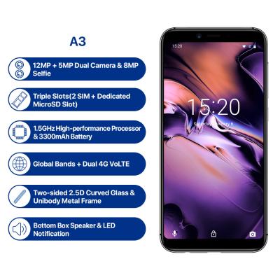 China 3G UMIDIGI A3 Global 3G Mobile Phone Android 8.1 12MP+5MP Face Unlock Dual 4G Band 5.5