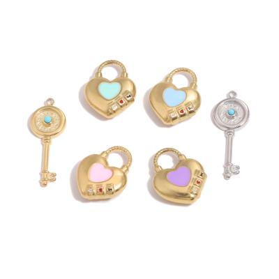 China High Quality Stainless Steel Gold Enamel LOVE Lock Key Charms Couple Love Pendants Diy Necklace Bracelet Jewelry Dropshipping for sale