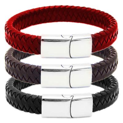 China Black Magnetic Wrist Bracelets Men Stainless Steel Clasps Fashion Jewelry Handmade Gold Bracelet Male Braided Leather Bangle Trendy for sale