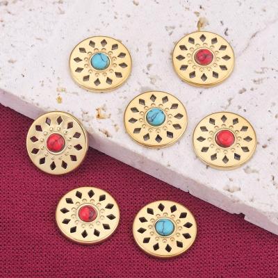 China High Quality Turquoise Stone Gold Round Medallion Ring Women Trendy Stainless Steel Resizable Sun Textured Adjustable Rings Jewelry for sale