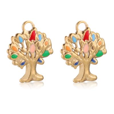 China Fashionable 17*21mm Stainless Steel 18K Gold Tree of Life Enamel Plant Charm Retro DIY Jewelry Bracelet Necklace Charm Pendant for sale