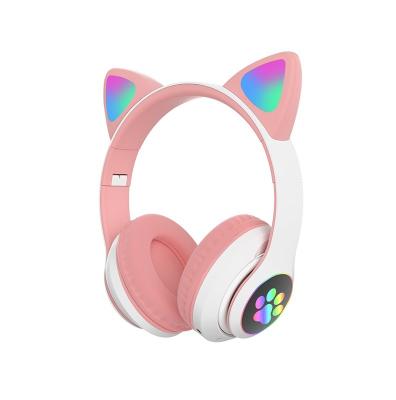 China Lady Pink Wireless Headphones Cat Ear Earphone LED Light Up Foldable BT Headset Over Ear Microphone For Distant Study Online for sale