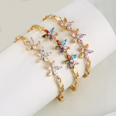 China Environmental Friendly Colorful CZ Stone Jewelry Copper Fashion Flower Brass Bracelets For Women for sale