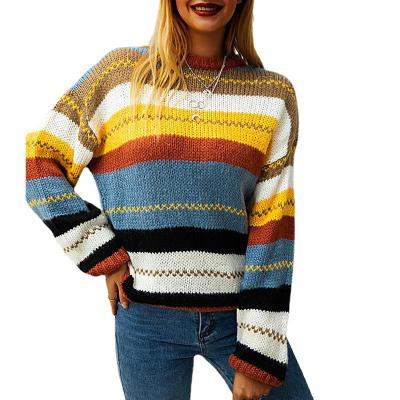 China Women's autumn and winter anti-pilling sweater knitted sweater color striped round neck ladies pungent sweater for sale