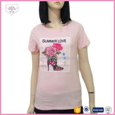 China Anti-pilling Latest OEM 2018 Patch Design Hot Selling Slim Fit Slim Fit T-Shirt With High Heel And Letter Embroidery For Women for sale