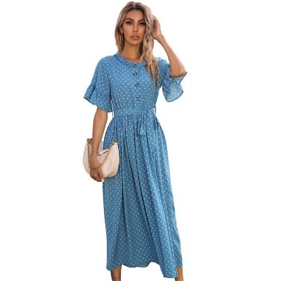 China 2021 New Design Breathable Ruffle Sleeve Wave Dots Dress O Neck Women Summer Long Casual Button Bandage Dress for sale