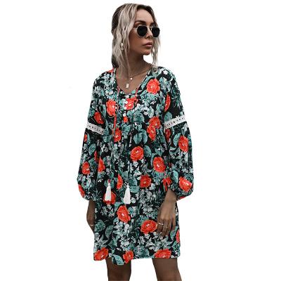 China Elegant V-Neckline A Line Vestidos Women Long Sleeve Floral Print Dress Breathable Casual Boho Midi Bohemian Dress for sale