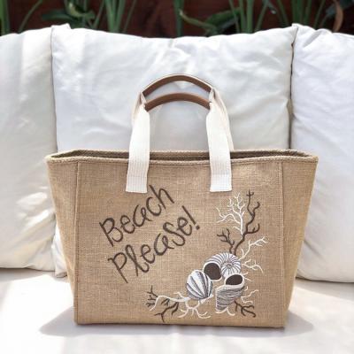 China Eco-friendly Recyclable High Quality Embroidery Printed Logo Jute Leather Tote Bag for sale