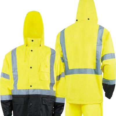 China high quality seam-sealed safety working men's reflective raincoat 300D oxford wholesale safety rainsuit for sale