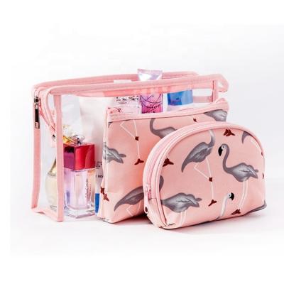 China Fashion 3 Piece Waterproof Travel Transparent PVC Cosmetic Bag Set 3 Flamingo Makeup Bag With Zipper For Women for sale