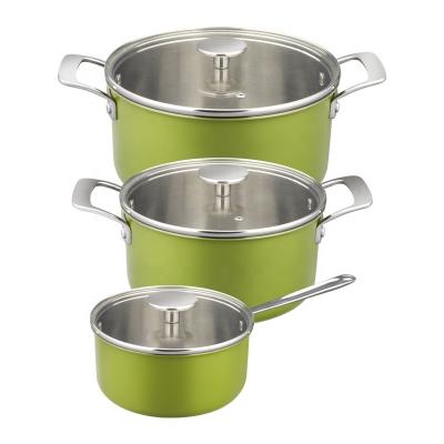 China Factory OEM Stainless Steel Pots and Pans Metal Casserole Sustainable Cookware Triple Pan Set Non Stick Cookware for sale