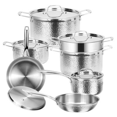 China Wholesale 12pcs Kitchen Ware Triple 304 Stainless Steel Cooking Pots And Pans Sustainable Luxury Cookware Set for sale